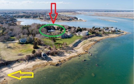 Orleans Cape Cod vacation rental - House(green) on Woods Cove (red), close to Town Landing (yellow).
