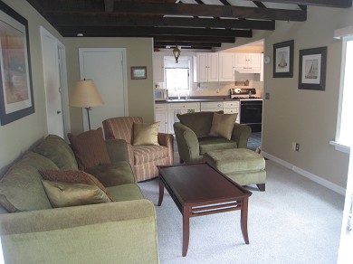 Falmouth (Pinecrest Beach) Cape Cod vacation rental - Family Room to Open Kitchen to Side Door; Gas Range, Microwave