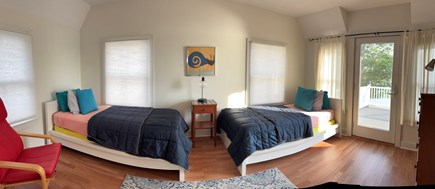 Onset- On the water MA vacation rental - Bedroom with two twin beds, deck access, water view