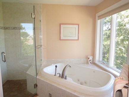 Brewster Cape Cod vacation rental - Twin shower heads in step-in glass shower; plus Jacuzzi soaking tub