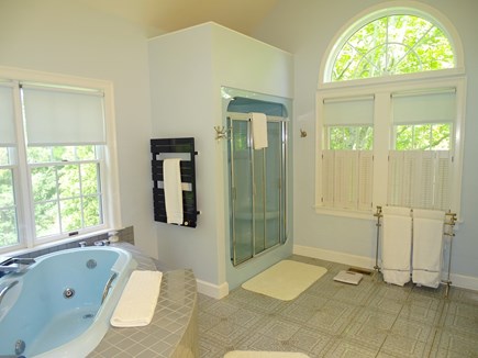 Brewster Cape Cod vacation rental - Master bathroom with jacuzzi, double sinks and separate shower