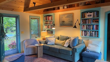 Brewster Cape Cod vacation rental - Living Room w Front Door View Fall Season