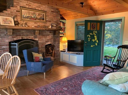 Brewster Cape Cod vacation rental - Living Room Fireplace, TV, Pond View w Sliders, Central Wifi