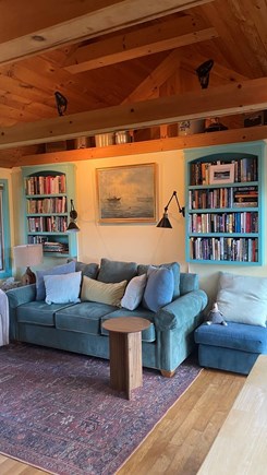 Brewster Cape Cod vacation rental - Living Room Sofa w Reading Lights, Books
