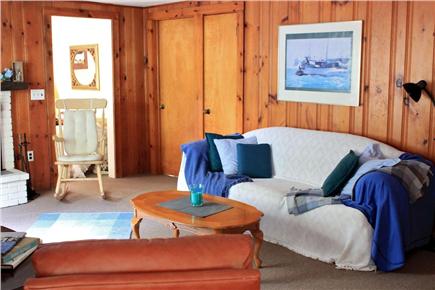 South Yarmouth Cape Cod vacation rental - Living room with fireplace/wood stove