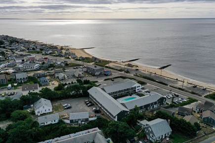 Dennisport Cape Cod vacation rental - Overhead view (pool in middle) with the beach across the street.
