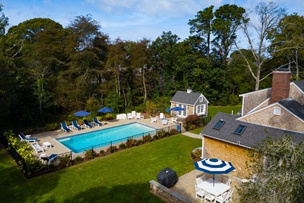 Brewster Cape Cod vacation rental - Aerial view of the yard and pool.