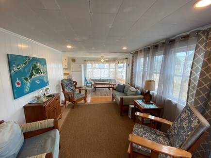 West dennis Cape Cod vacation rental - Spacious living room open to kitchen and dining room.