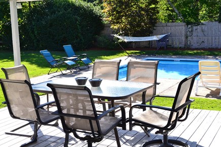 East Falmouth Cape Cod vacation rental - Patio dining overlooking pool and fenced-in yard