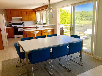 Woods Hole, Falmouth Cape Cod vacation rental - The dining room table seats eight in leather chairs.