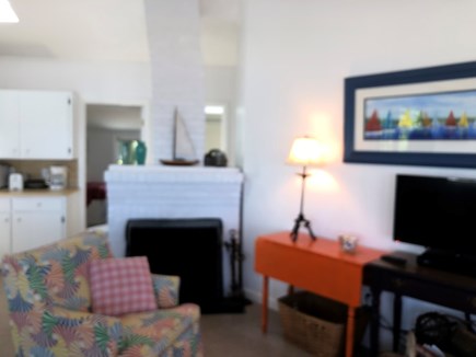 East Brewster Cape Cod vacation rental - Cozy seating area with wood burning fireplace and flat screen TV