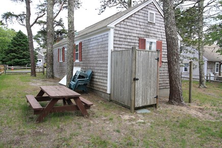 Dennis Port Cape Cod vacation rental - Outdoor picnic table and outdoor shower