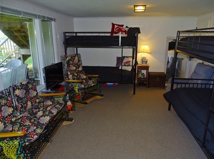 Bass River, S Yarmouth Cape Cod vacation rental - Lower level 4) bunk bed room-  great for kids! TV. Opens to patio