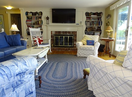 Bass River, S Yarmouth Cape Cod vacation rental - Living room with flat screen, opens to deck
