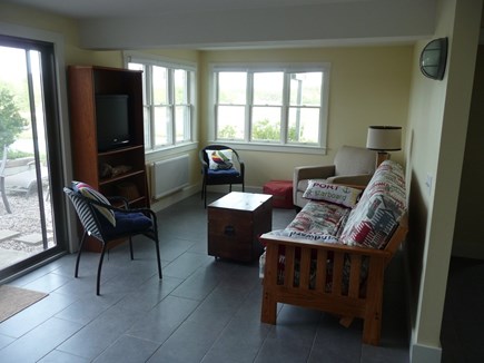 Truro Cape Cod vacation rental - Family room, 2nd TV, sofa opens to double bed; bedroom with twins