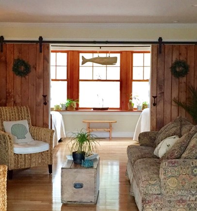 Eastham Cape Cod vacation rental - Large living room with fireplace and smart tv.