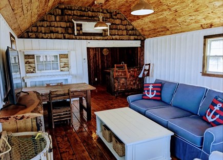 Falmouth Cape Cod vacation rental - Living, Kitchen and dining area with vaulted ceiling.