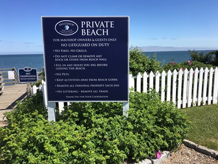 Maushop Village, New Seabury Cape Cod vacation rental - Private beach sign at the stairs above the bluff.