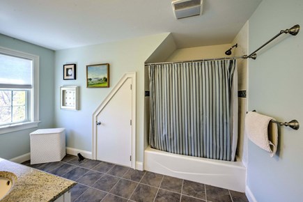 East Sandwich Cape Cod vacation rental - Bathroom one - double vanity, shower/tub combo.