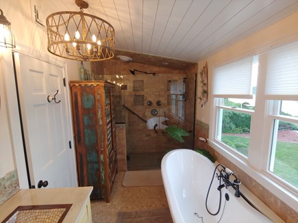 North Chatham Cape Cod vacation rental - New (2022) bath with 2 person tub looking out over Crow's Pond