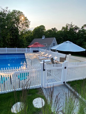 East Orleans Cape Cod vacation rental - Pool from Upper Deck. Landscaping. Stepping Stones. Fully Fenced.