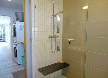Wellfleet Cape Cod vacation rental - Oversized custom glass & tile shower in hallway bath, laundry