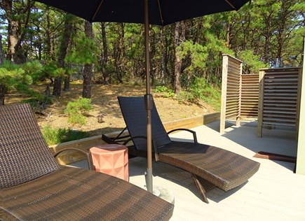 Wellfleet Cape Cod vacation rental - Deck off master bedroom, outdoor shower, woods and water views.