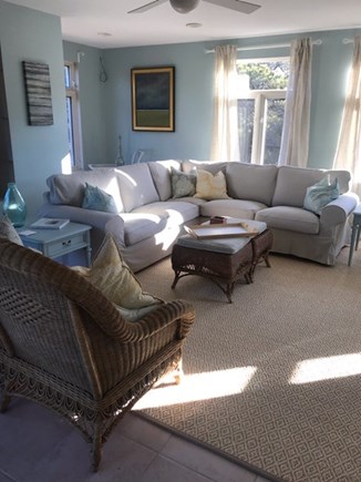 Eastham Cape Cod vacation rental - Living room, tile floor TV & small 2nd deck via sliders