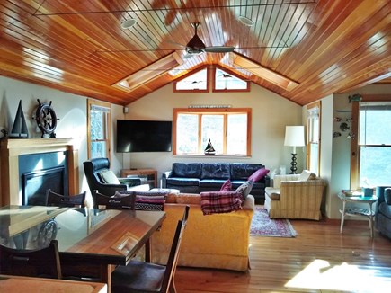 Wellfleet Cape Cod vacation rental - Living room with cathedral ceiling, fan and skylights