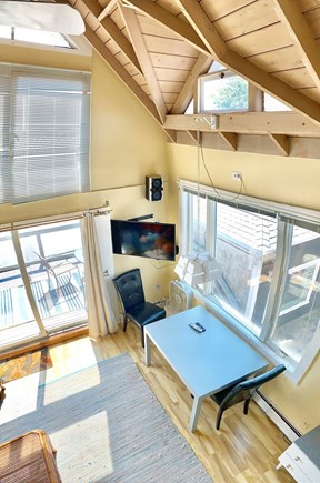 Provincetown, in the CENTER of Town & ON the Cape Cod vacation rental - Living room with dramatic cathedral ceilings!