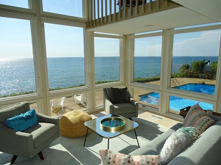 Mashpee, New Seabury Cape Cod vacation rental - Vaulted living room with panoramic views of ocean and pool area