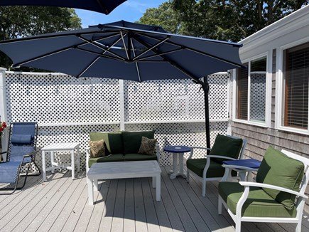 Brewster Cape Cod vacation rental - Large Private Back Deck with Outdoor Sofa Set and String Lighting