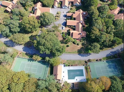 Brewster, Sears Point Community Cape Cod vacation rental - Drone Shot of Tennis Courts and Pool