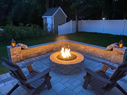 West Yarmouth (Seagull Beach) Cape Cod vacation rental - Gas fire pit with bench off back patio (2021).