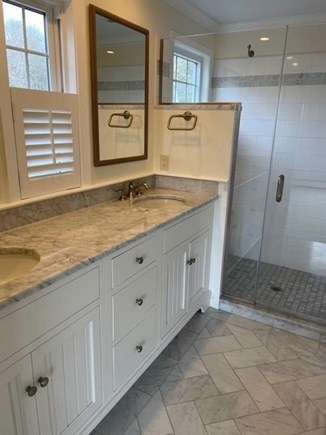 South Chatham Cape Cod vacation rental - Beautiful master bath with double sinks .