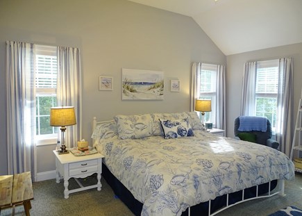Dennis Cape Cod vacation rental - King bedroom upstairs with ceiling fan, cathedral ceilings 