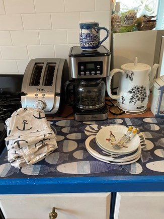 Provincetown Historic District Cape Cod vacation rental - toaster, coffee machine, tea boiler.