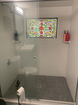 Dennisport Cape Cod vacation rental - Large walk in shower with beautiful stained glass window