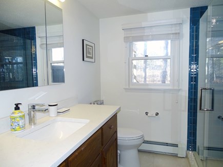 Eastham Cape Cod vacation rental - Bathroom #1 Renovated 2024, tiled walk-in shower, custom vanity.
