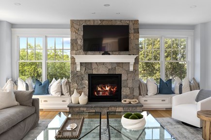 Chatham, Crows Pond and Pleasant Bay Cape Cod vacation rental - Large Entertainment room with fireplace with amazing views!