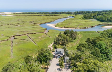 East Sandwich Cape Cod vacation rental - Aerial of House, Scorton Creek and Cape Cod Bay beyond