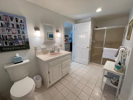 West Barnstable - off Route 6A Cape Cod vacation rental - Bath/laundry, with towels, grab bars @ toilet & walk-in shower.