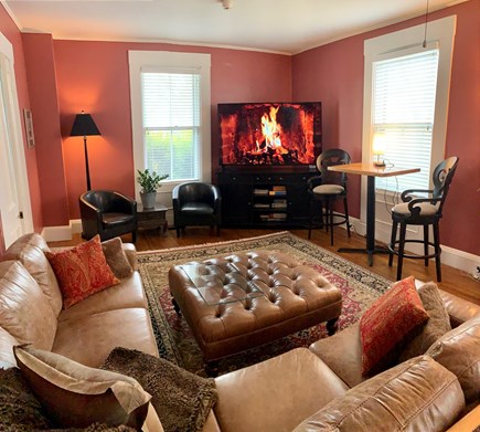 Falmouth, Main + Guest House Cape Cod vacation rental - Main house: large living room, fireplace and 70 inch smart TV
