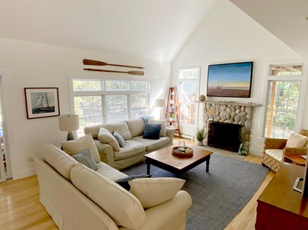 North Truro Cape Cod vacation rental - Comfortable living room with soaring 17' ceiling
