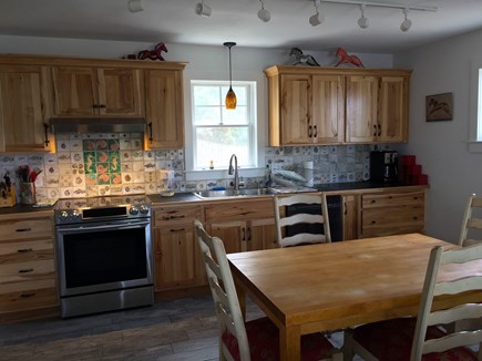 Plymouth, Priscilla Beach MA vacation rental - Modern kitchen with butcher block table and custom tiles.