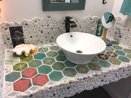 Plymouth, Priscilla Beach MA vacation rental - Upstairs bathroom vanity with hand made tiles.