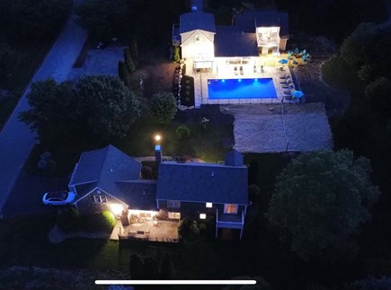 East Orleans Cape Cod vacation rental - Night aerial shot Nauset cottage on the bottom, Beacomber on top