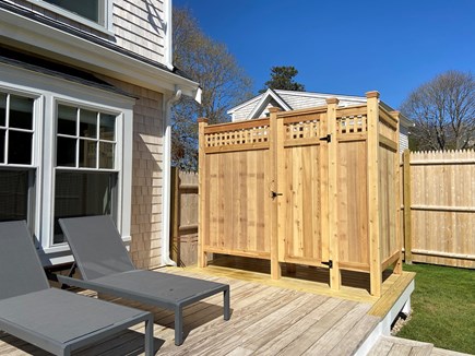 East Falmouth Cape Cod vacation rental - Outdoor shower with changing area off the back deck.