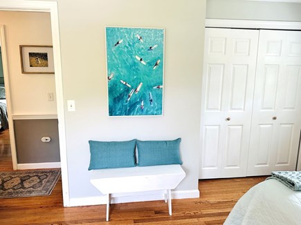 Brewster Cape Cod vacation rental - Bedroom #2 offers large closet and convenient bench with vibrant pops of blue - 671 Great Fields Rd Brewster Cape Cod - Beach Glass - New England Vaca
