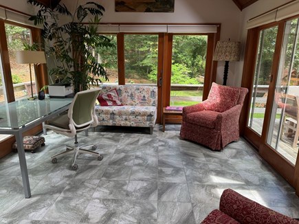 Brewster Cape Cod vacation rental - Sunroom overlooking backyard hydrangeas
